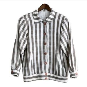 Cleo Petites Vintage Linen Striped Button Down Long Sleeve Bomber Jacket Top Tan